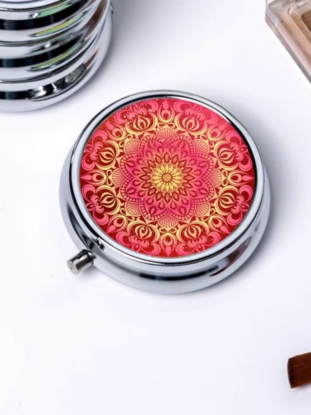 Compact Round Travel Pill Organizer Featuring A Red-Orange Mandala Design BNIB